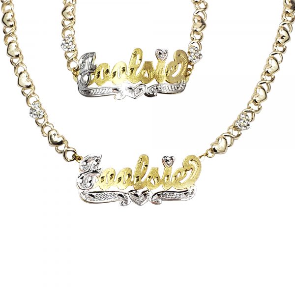 Personalized Double Plated 3D Crystal XO Hugs n Kisses Name Necklace & Bracelet Set