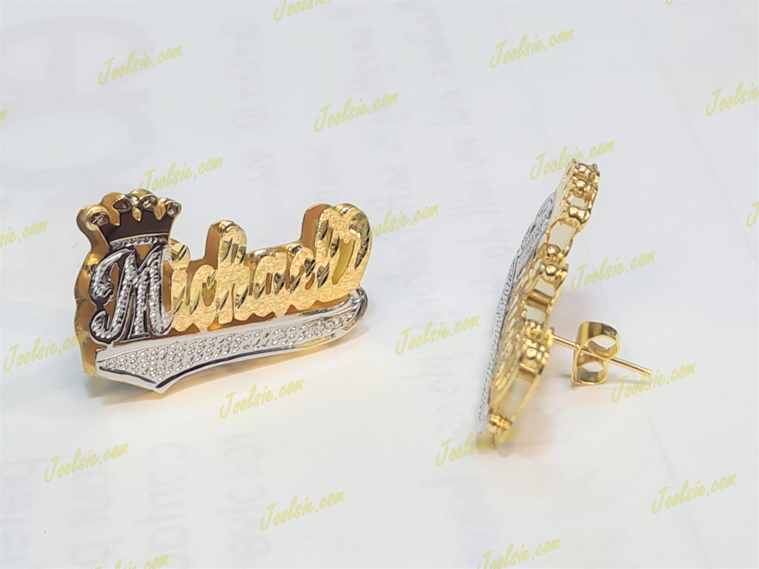 Straight Tail 14K GP Crown Script Double Plated Name Studs