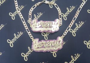 Kids / Adult Gold Glitter Back Name Necklace / Bracelet Set